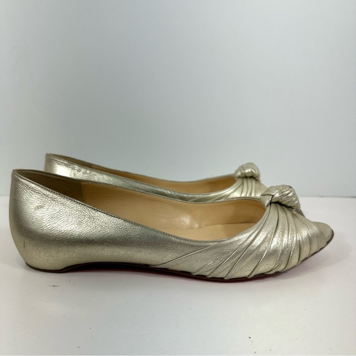 Christian Louboutin Turban Knot Open Toe Metallic Gold Leather Flats Size 38.5