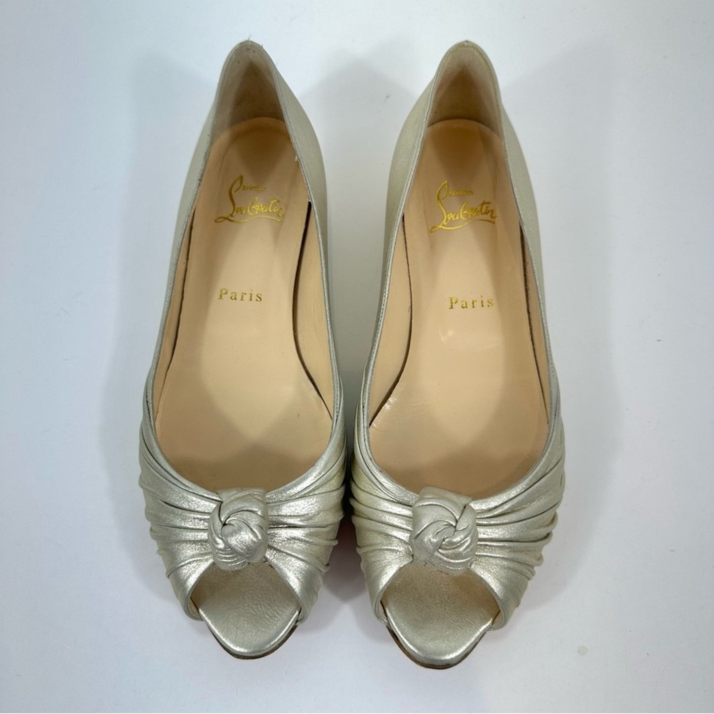 Christian Louboutin Turban Knot Open Toe Metallic Gold Leather Flats Size 38.5