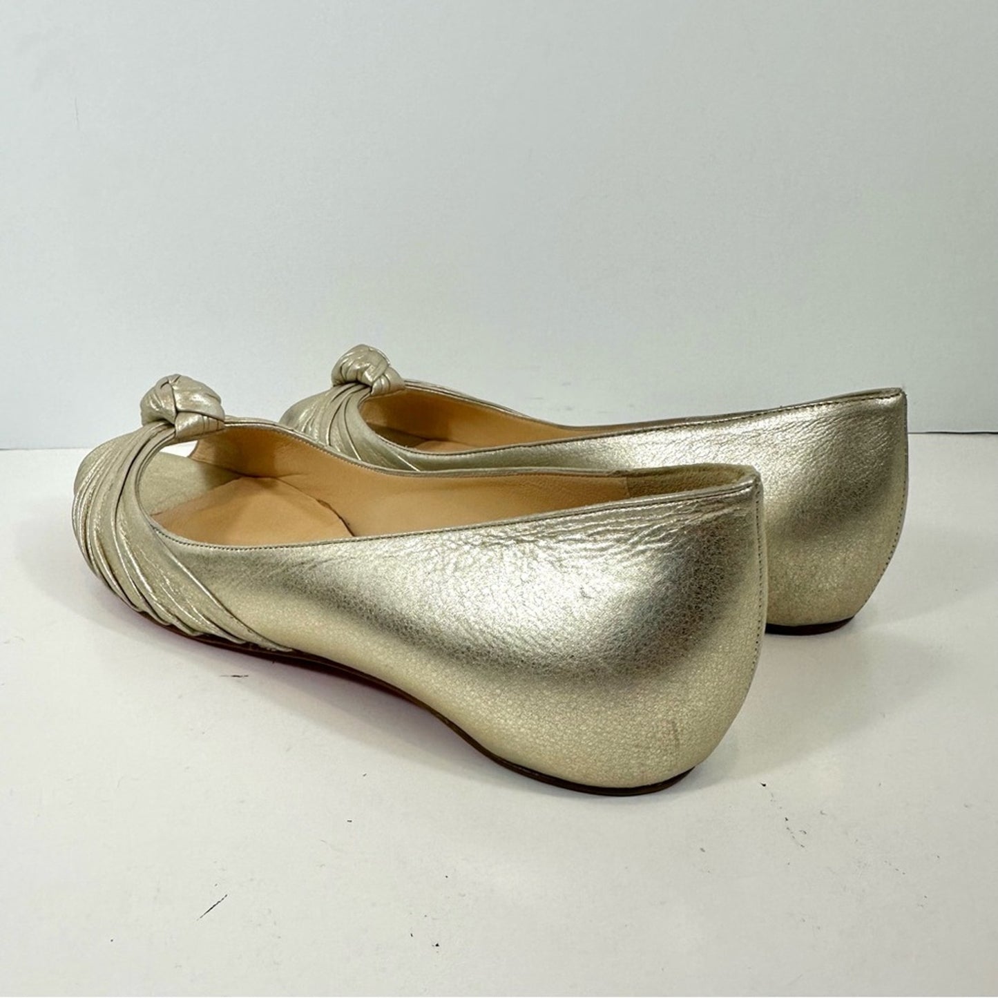 Christian Louboutin Turban Knot Open Toe Metallic Gold Leather Flats Size 38.5