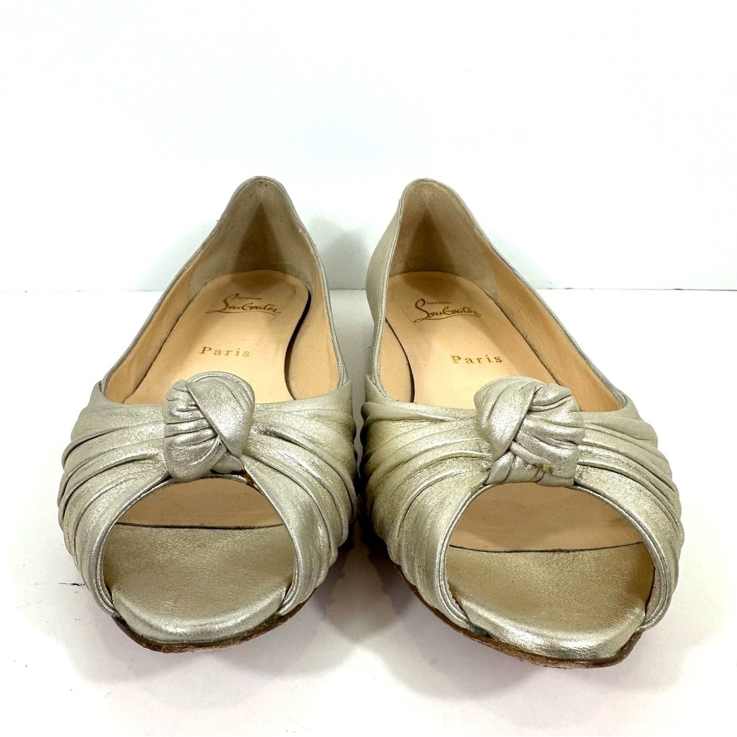 Christian Louboutin Turban Knot Open Toe Metallic Gold Leather Flats Size 38.5