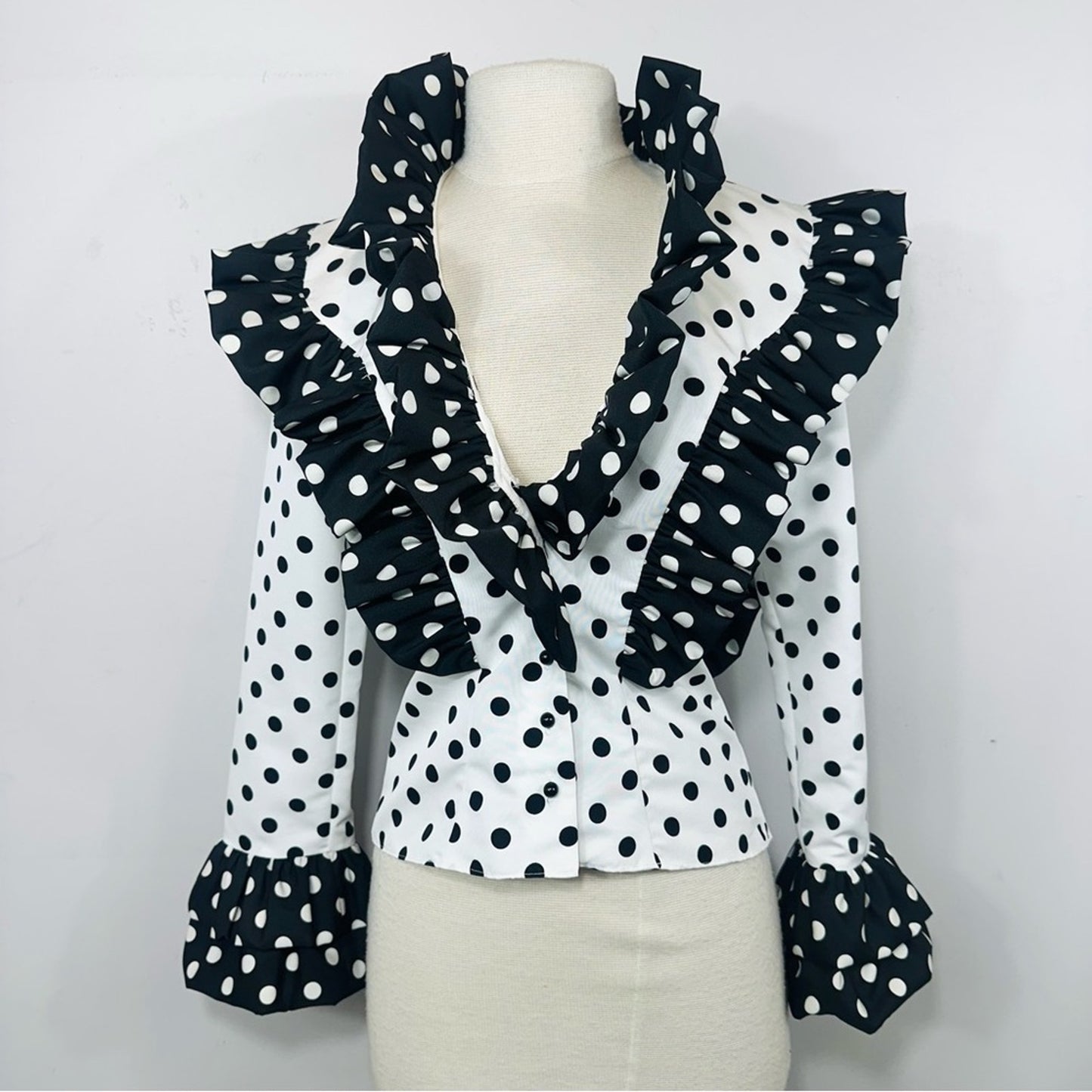 RODARTE Ruffled Polka Dot Print Black and White Ruffled Long Sleeve Blouse Sz XS