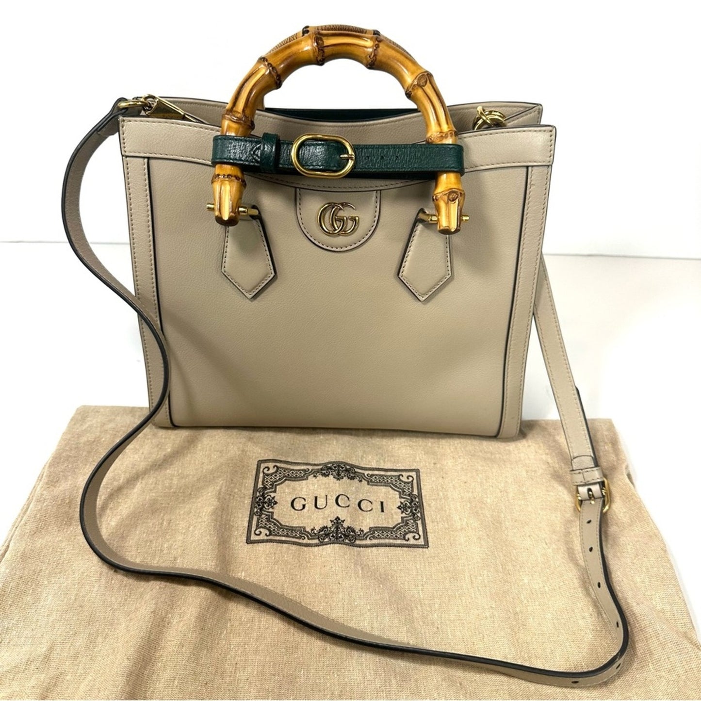 GUCCI Small Diana Taupe Beige Leather Structured Bamboo Handle Tote Handbag