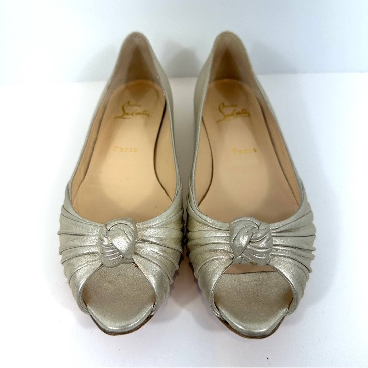 Christian Louboutin Turban Knot Open Toe Metallic Gold Leather Flats Size 38.5
