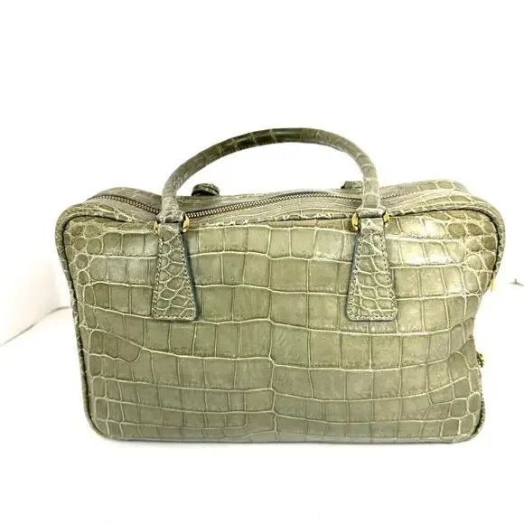 PRADA Genuine Crocodile Green Bauletto Double Strap Satchel Handbag