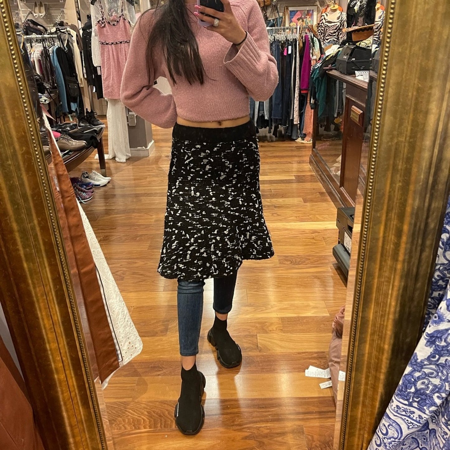 Chanel Fall 2002 Black and White Tweed Knee Length Vintabe Early 2000s Skirt 36