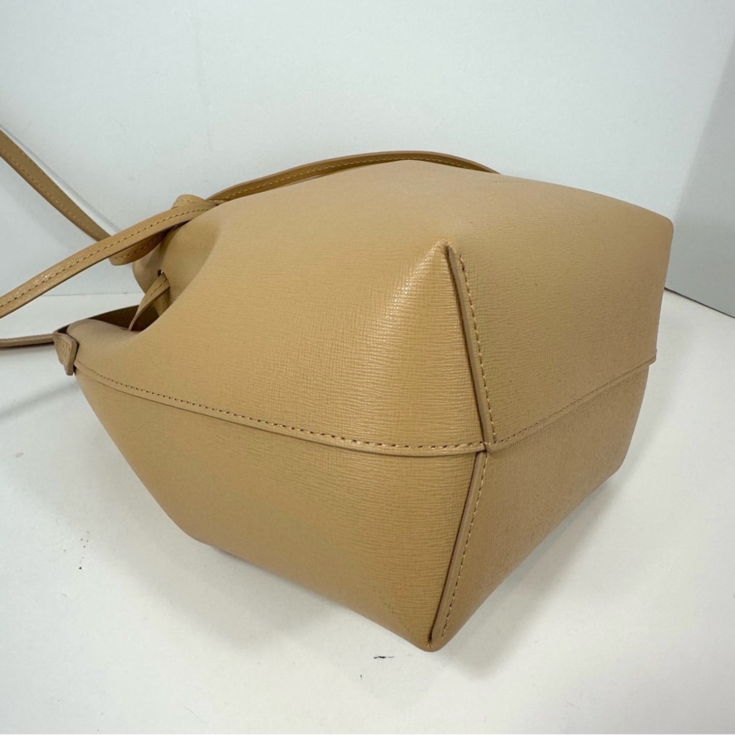 Mansur Gavriel Beige Leather Drawstring Crossbody mini Crossbody Bucket Bag