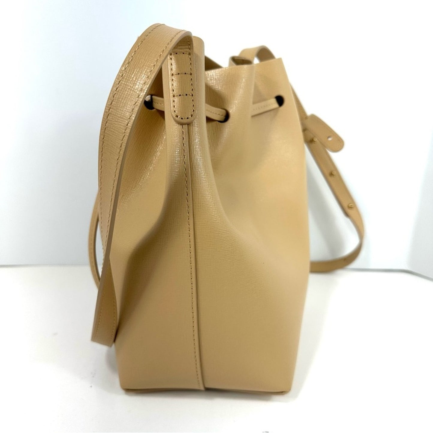 Mansur Gavriel Beige Leather Drawstring Crossbody mini Crossbody Bucket Bag