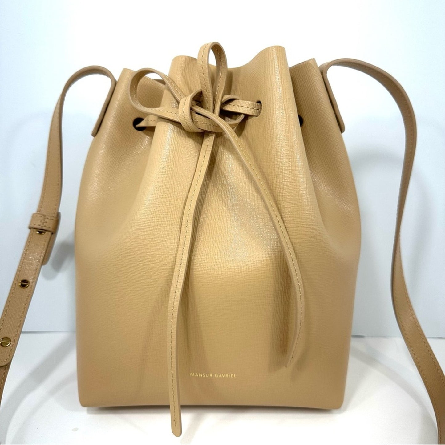 Mansur Gavriel Beige Leather Drawstring Crossbody mini Crossbody Bucket Bag