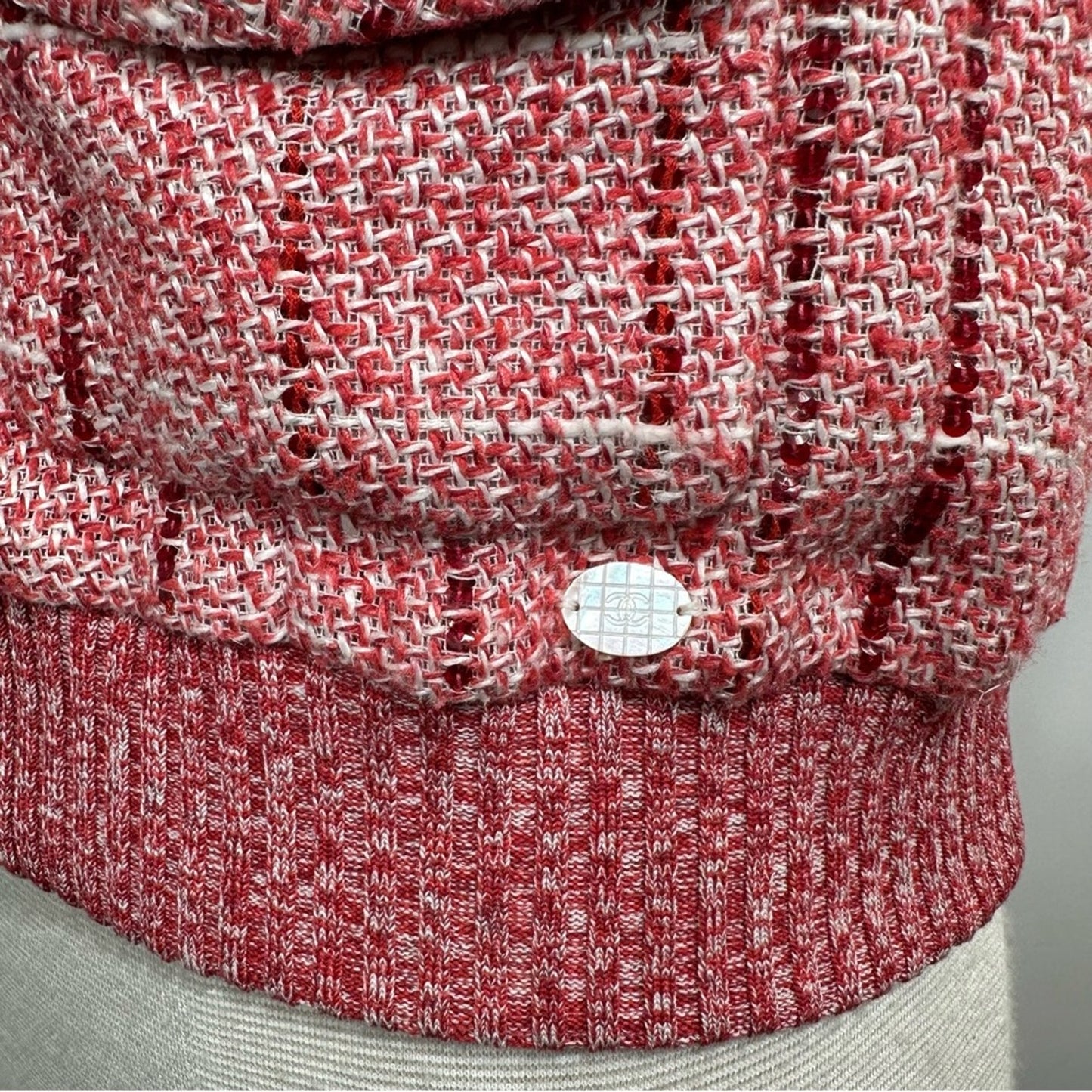 Chanel 2001 Vintage Karl Lagerfeld Spring Red White Sequin Tweed Vest FR 38 US 6