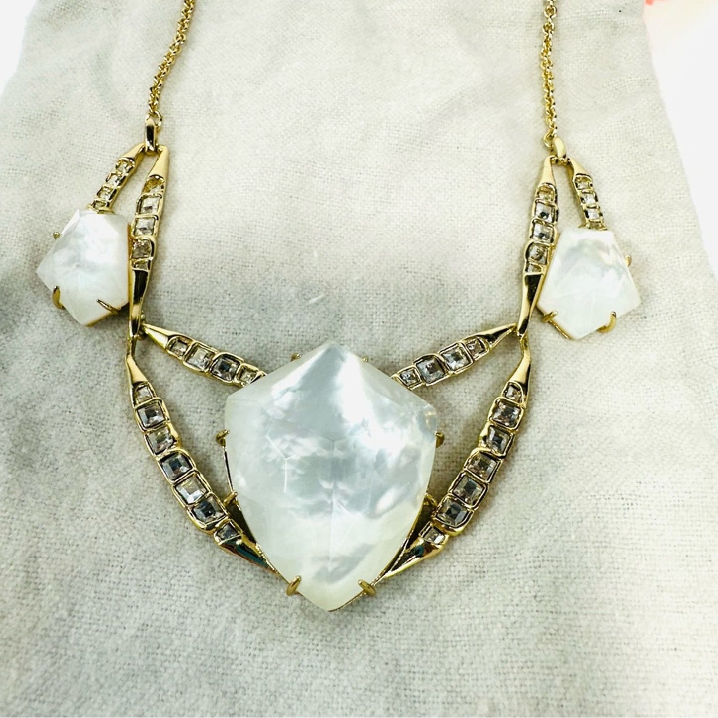 Alexis Bittar White Lucite rhinestones & Gold Tone Pendant Statement Necklace