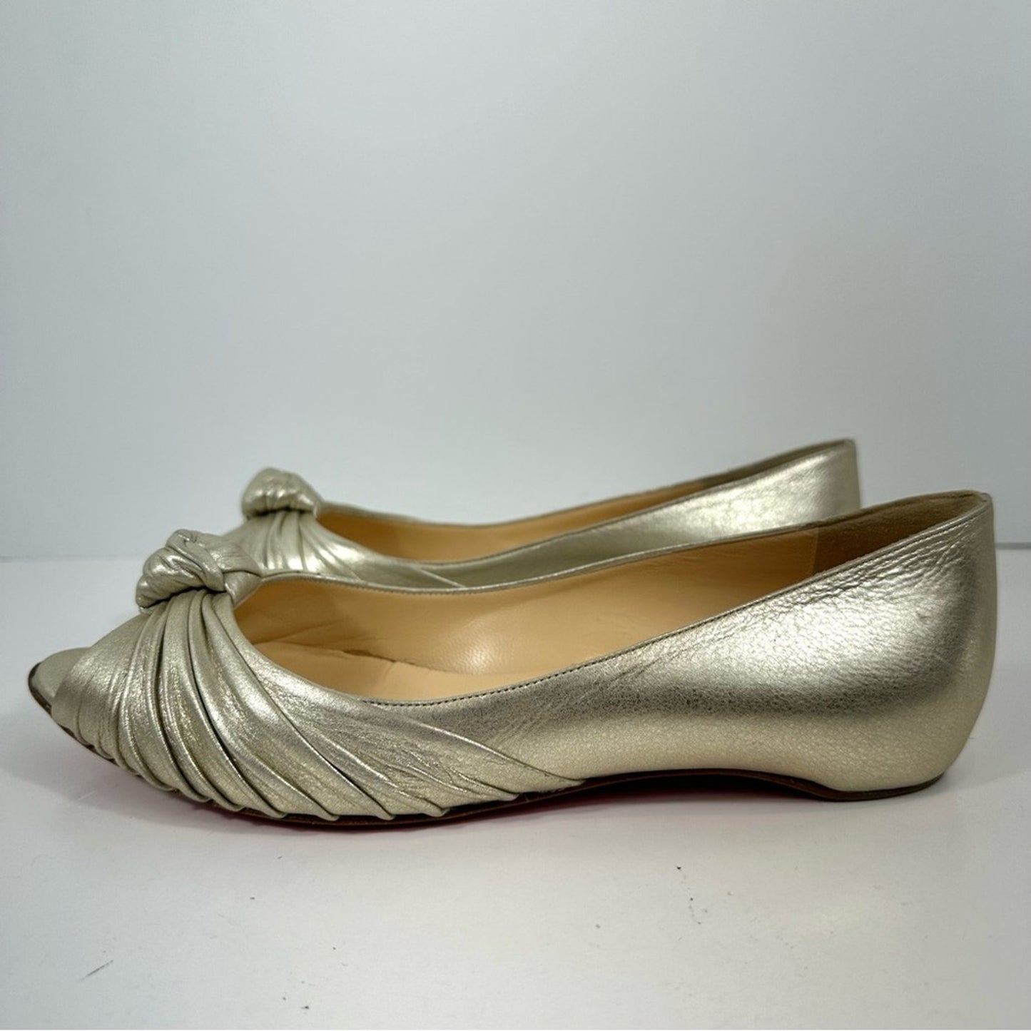 Christian Louboutin Turban Knot Open Toe Metallic Gold Leather Flats Size 38.5