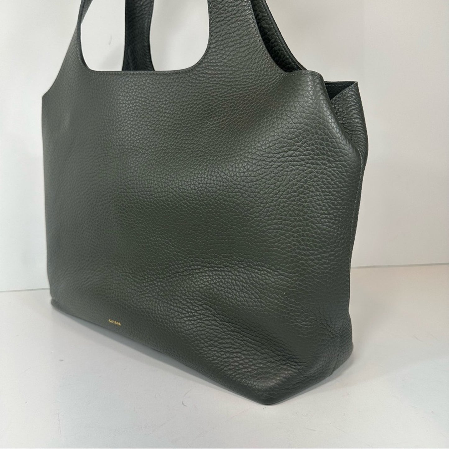 Cuyana System Tote 16-inch Pebbled Leather Dark Olive Green Minimalist Handbag