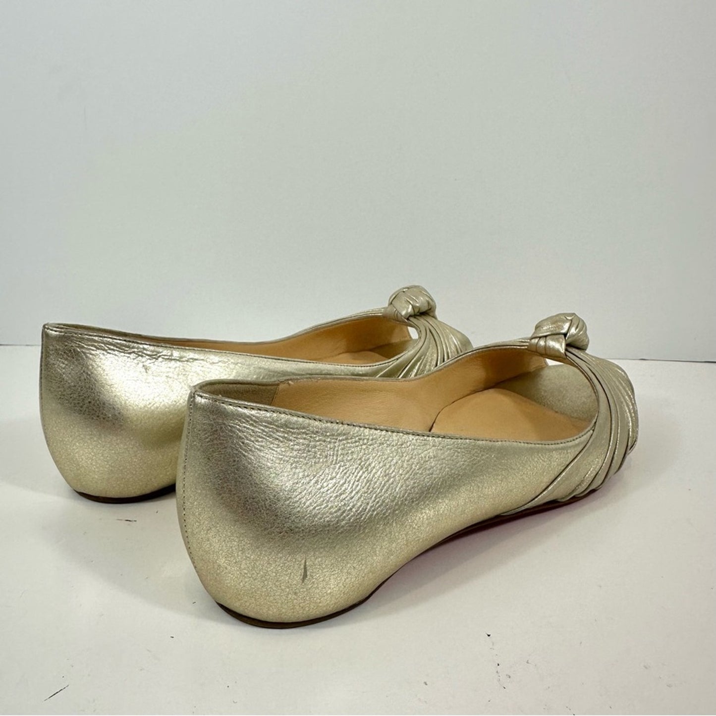 Christian Louboutin Turban Knot Open Toe Metallic Gold Leather Flats Size 38.5