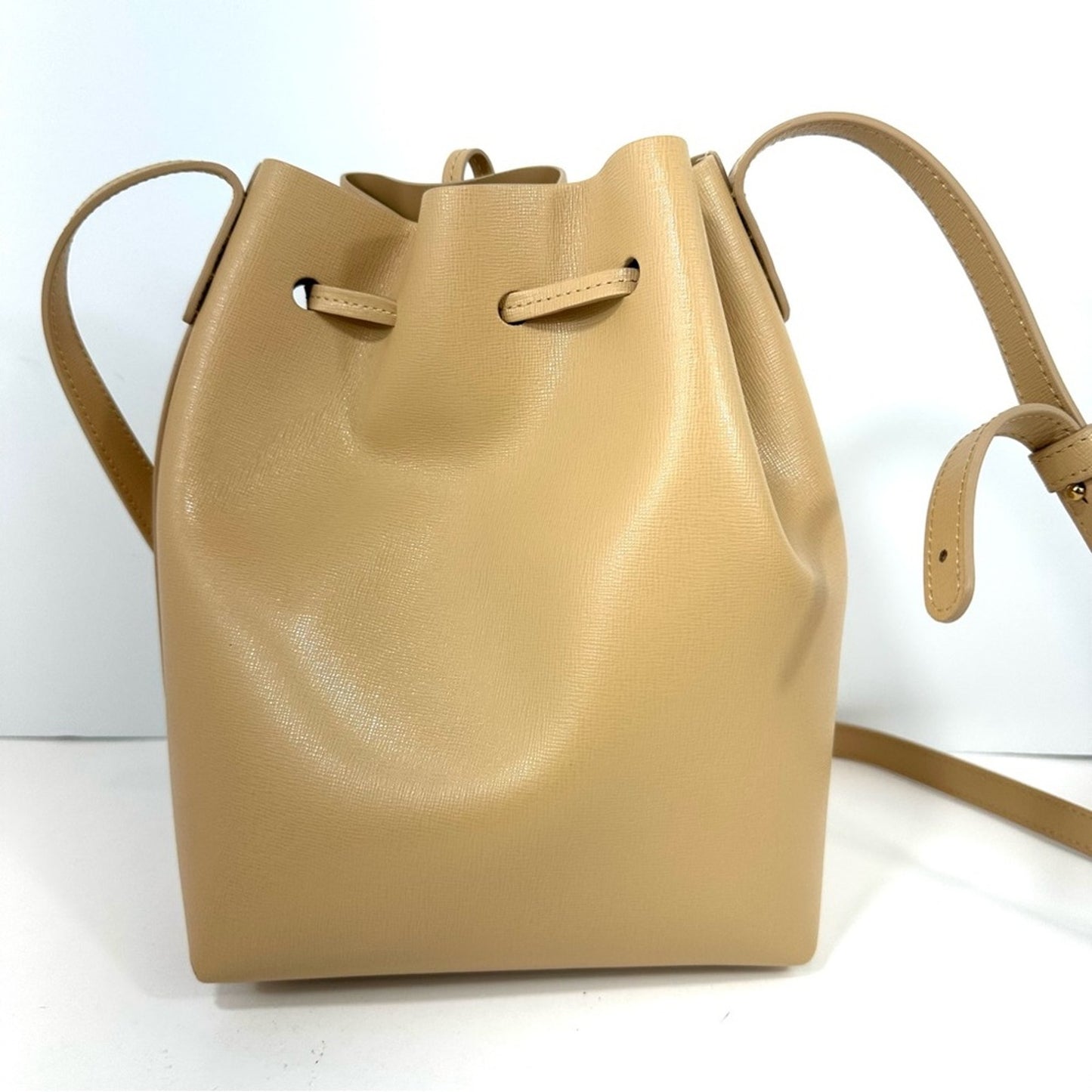 Mansur Gavriel Beige Leather Drawstring Crossbody mini Crossbody Bucket Bag