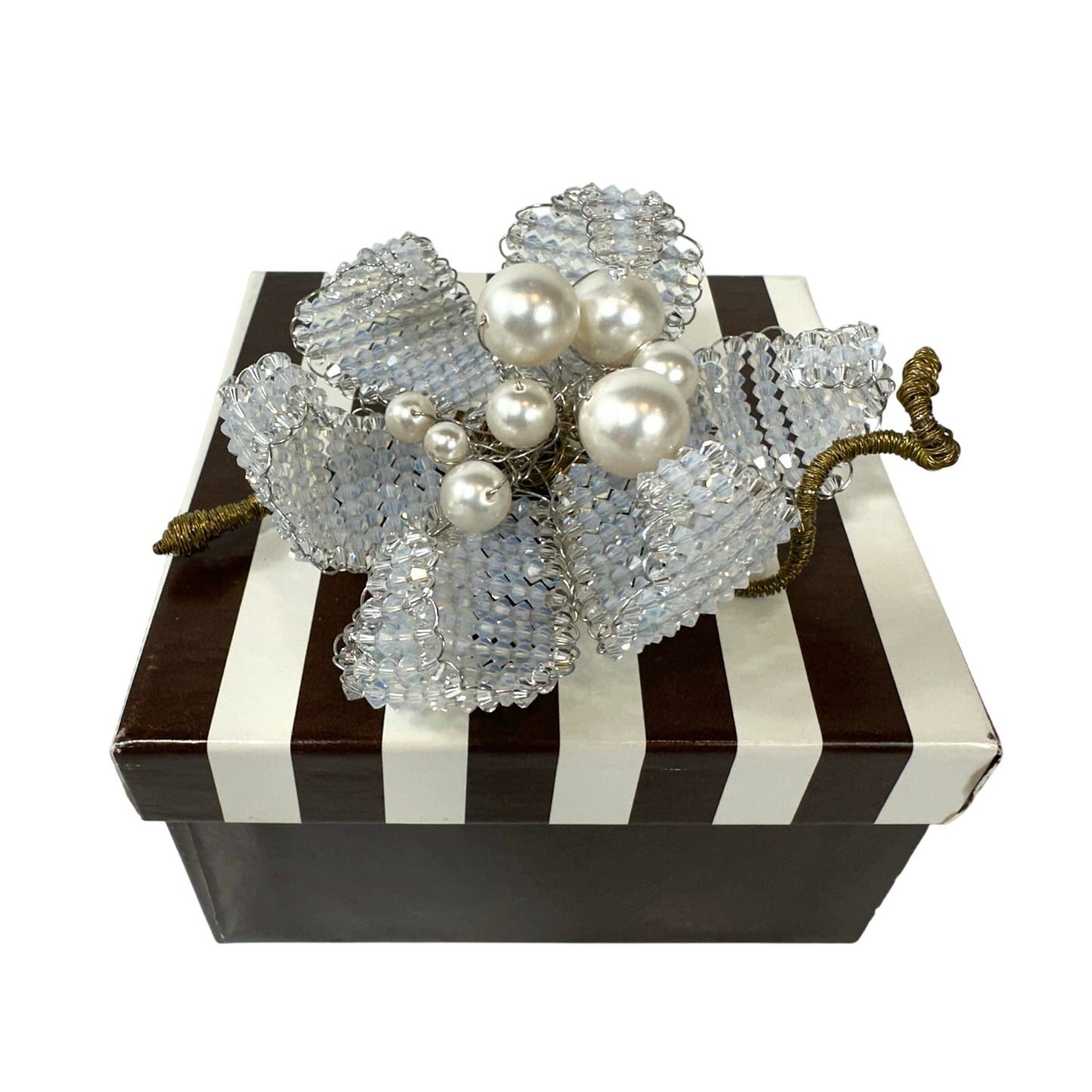 Mindy Lam Swarovski Crystal Aquamarine and Pearl Floral Flower Brooch