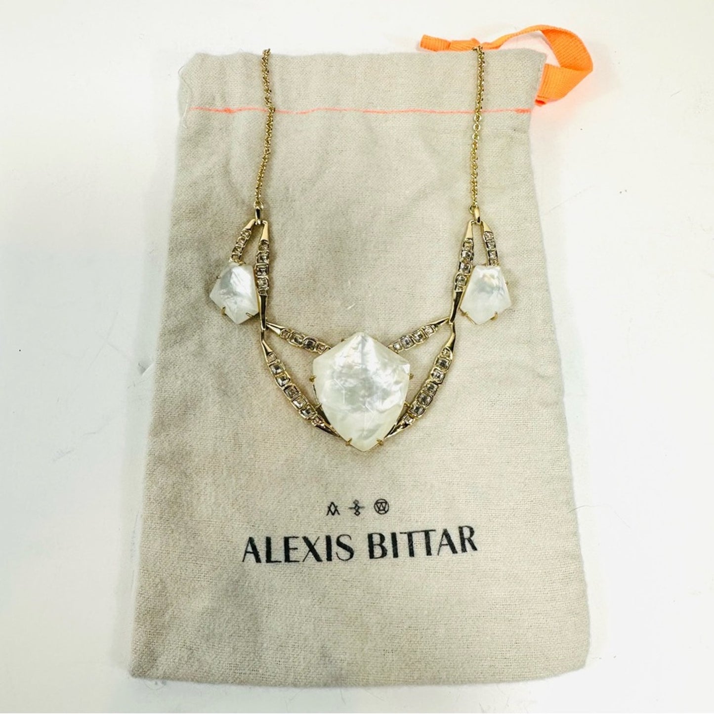 Alexis Bittar White Lucite rhinestones & Gold Tone Pendant Statement Necklace