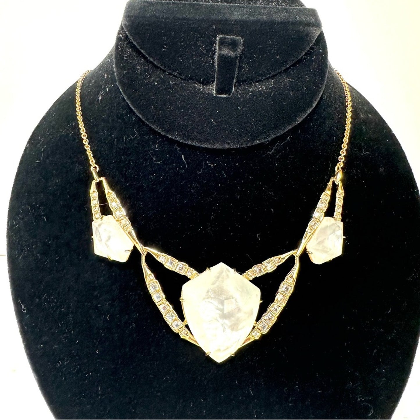 Alexis Bittar White Lucite rhinestones & Gold Tone Pendant Statement Necklace