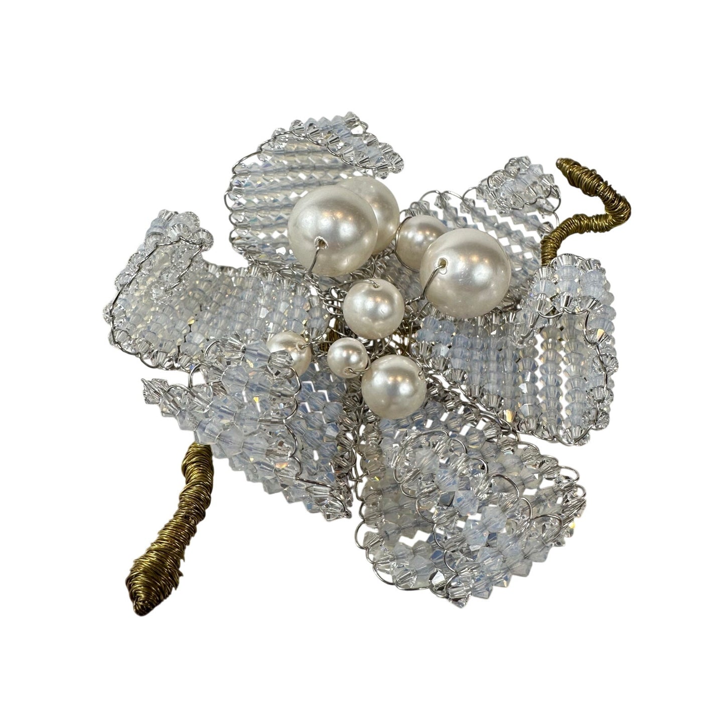 Mindy Lam Swarovski Crystal Aquamarine and Pearl Floral Flower Brooch