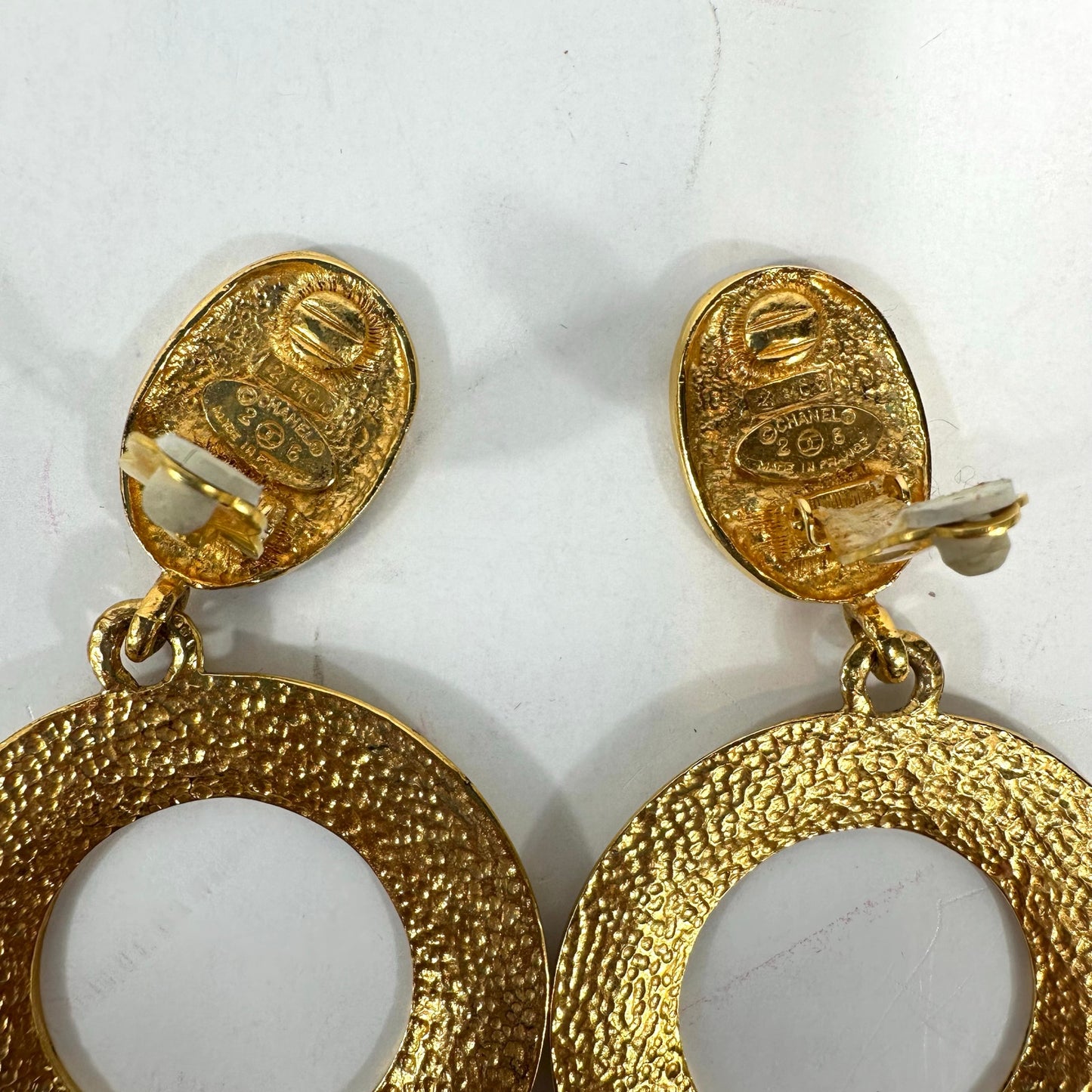 CHANEL Vintage 1987 logo engraved Medallion Hoop clip on earrings