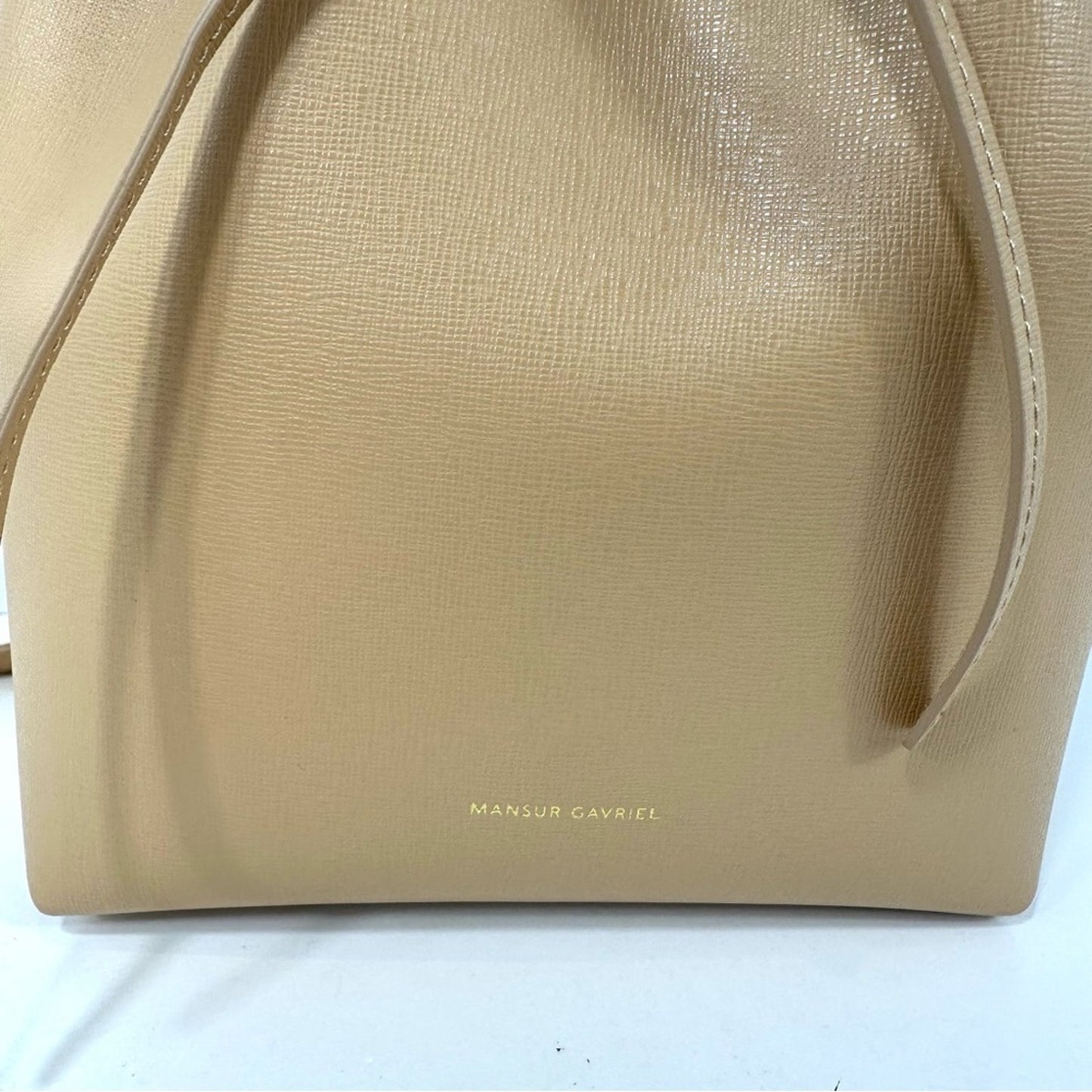 Mansur Gavriel Beige Leather Drawstring Crossbody mini Crossbody Bucket Bag