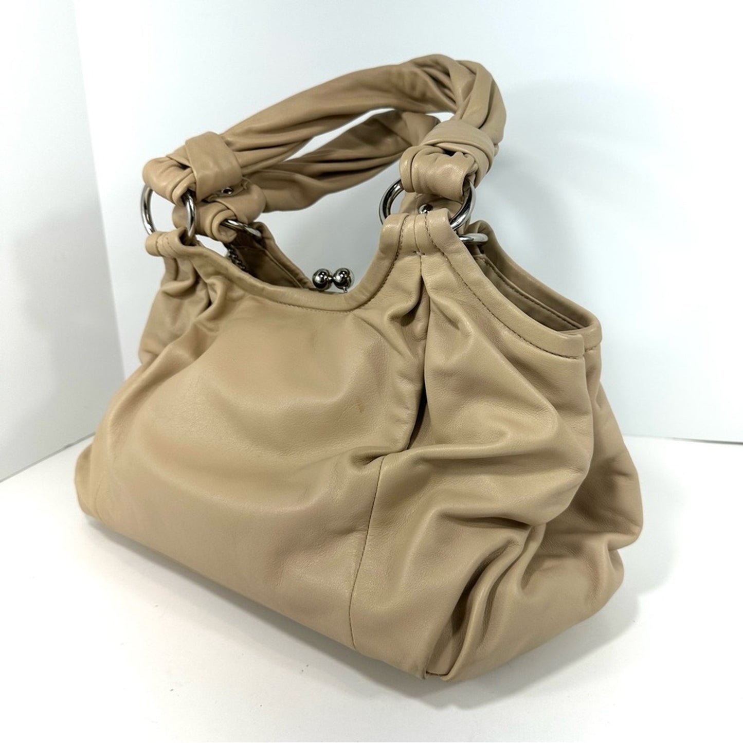 Coach Parker Taupe Leather Kiss Lock Hobo Satchel Handbag