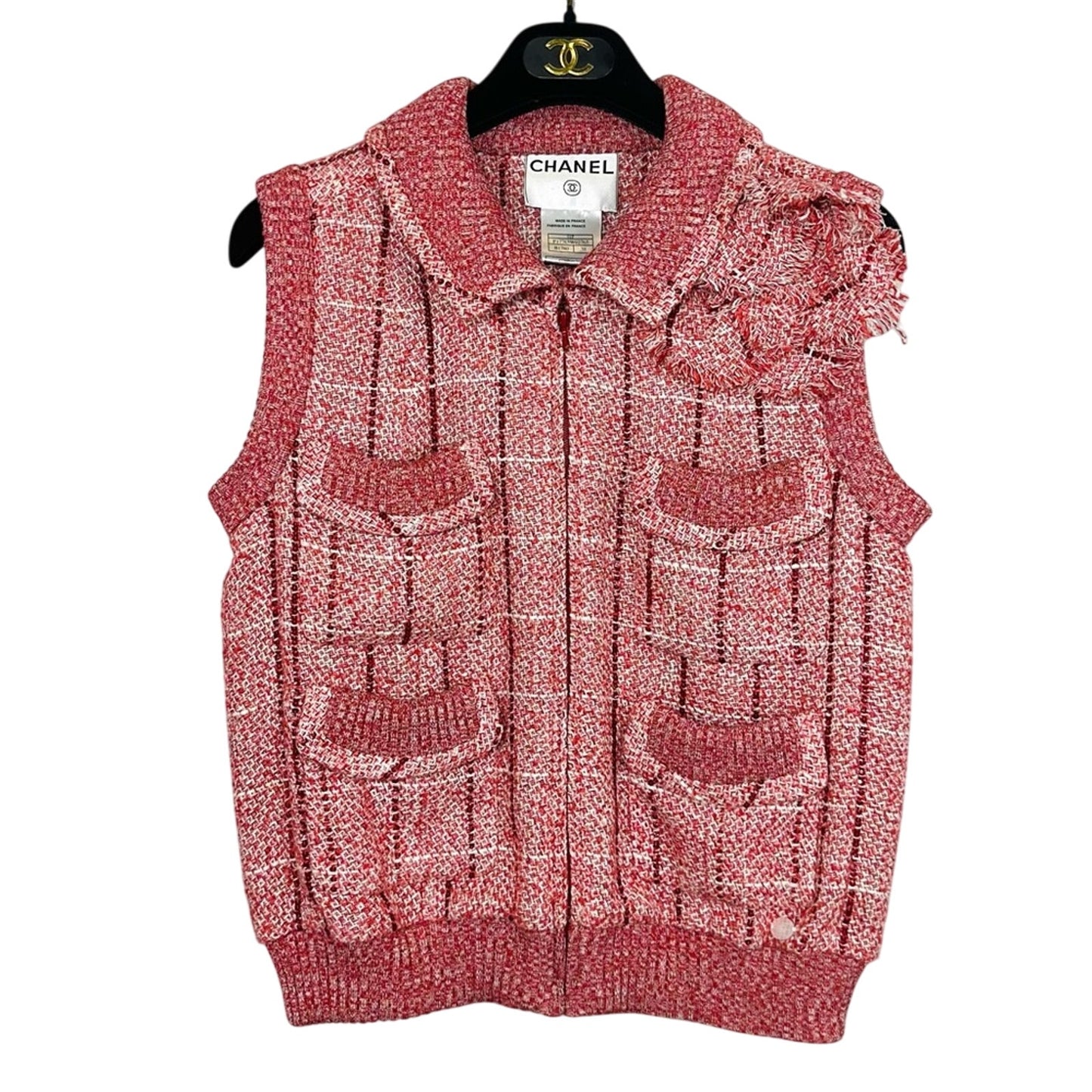 Chanel 2001 Vintage Karl Lagerfeld Spring Red White Sequin Tweed Vest FR 38 US 6