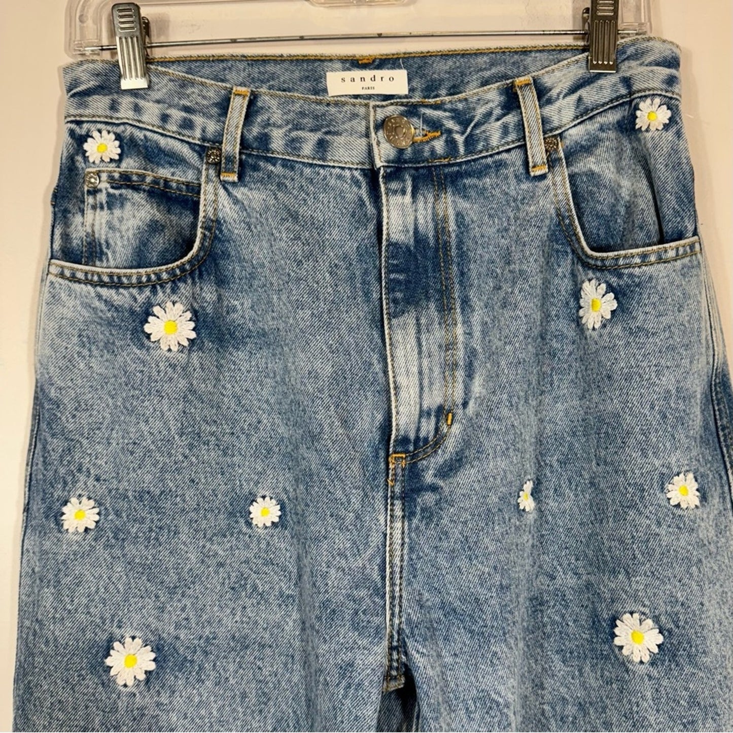 Sandro Paris Blea Daisy Flower Embroidered High Rise Blue Denim Jeans FR 40 US 8