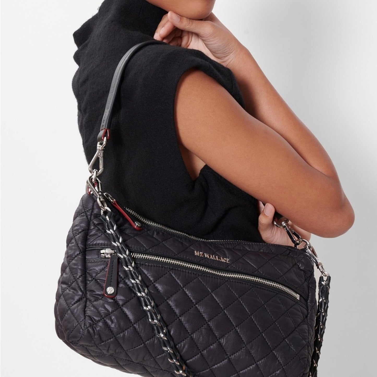 MZ Wallace Crosby Shoulder Quilted Nylon and Braided Leather Crossbody Handbag