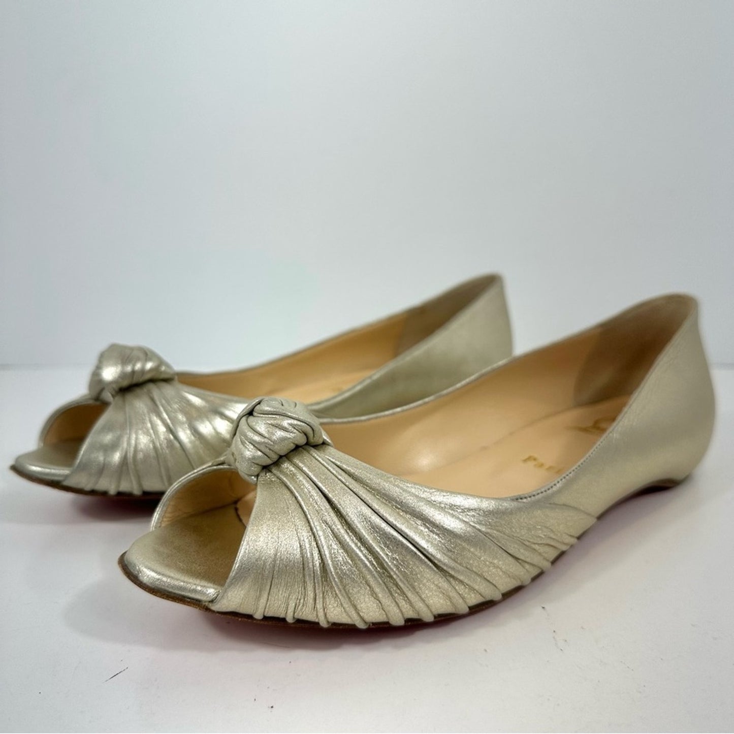 Christian Louboutin Turban Knot Open Toe Metallic Gold Leather Flats Size 38.5