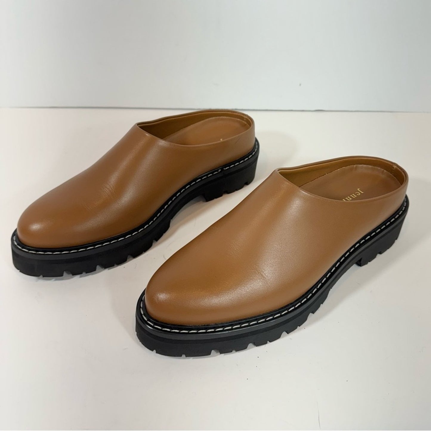 JENNI KAYNE Leather Canyon Brown Chunky Slip on Lug Mule Size EU 37 US 7