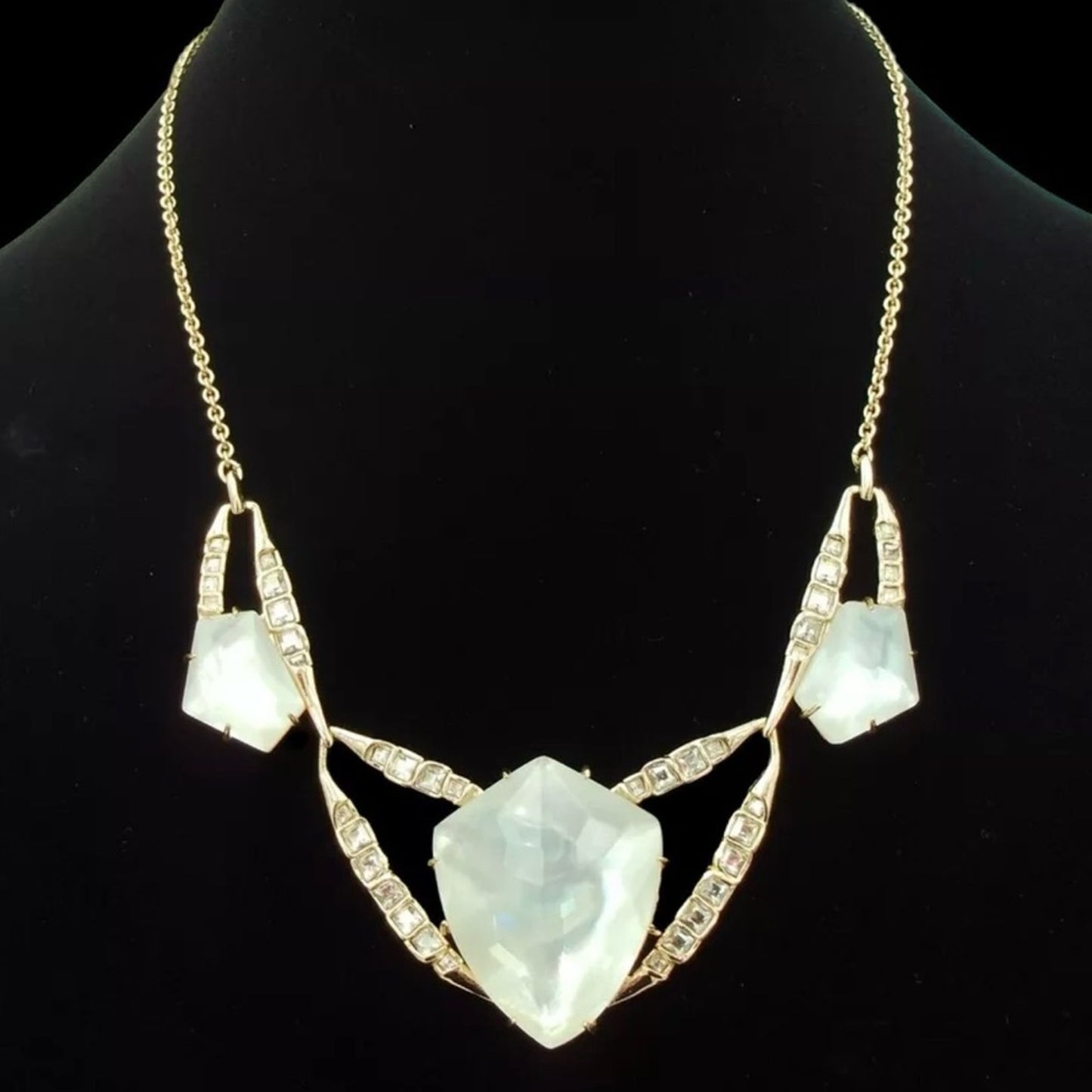 Alexis Bittar White Lucite rhinestones & Gold Tone Pendant Statement Necklace