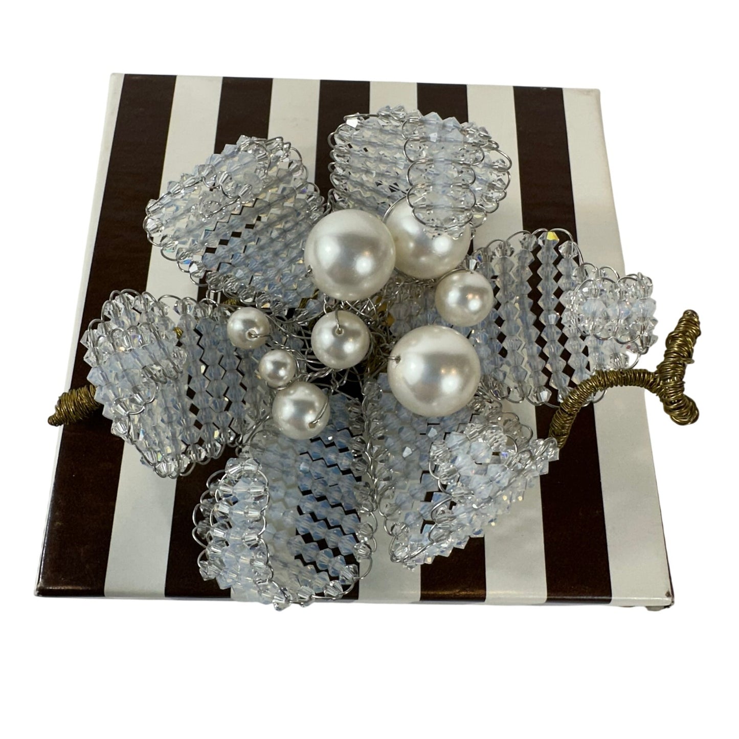 Mindy Lam Swarovski Crystal Aquamarine and Pearl Floral Flower Brooch