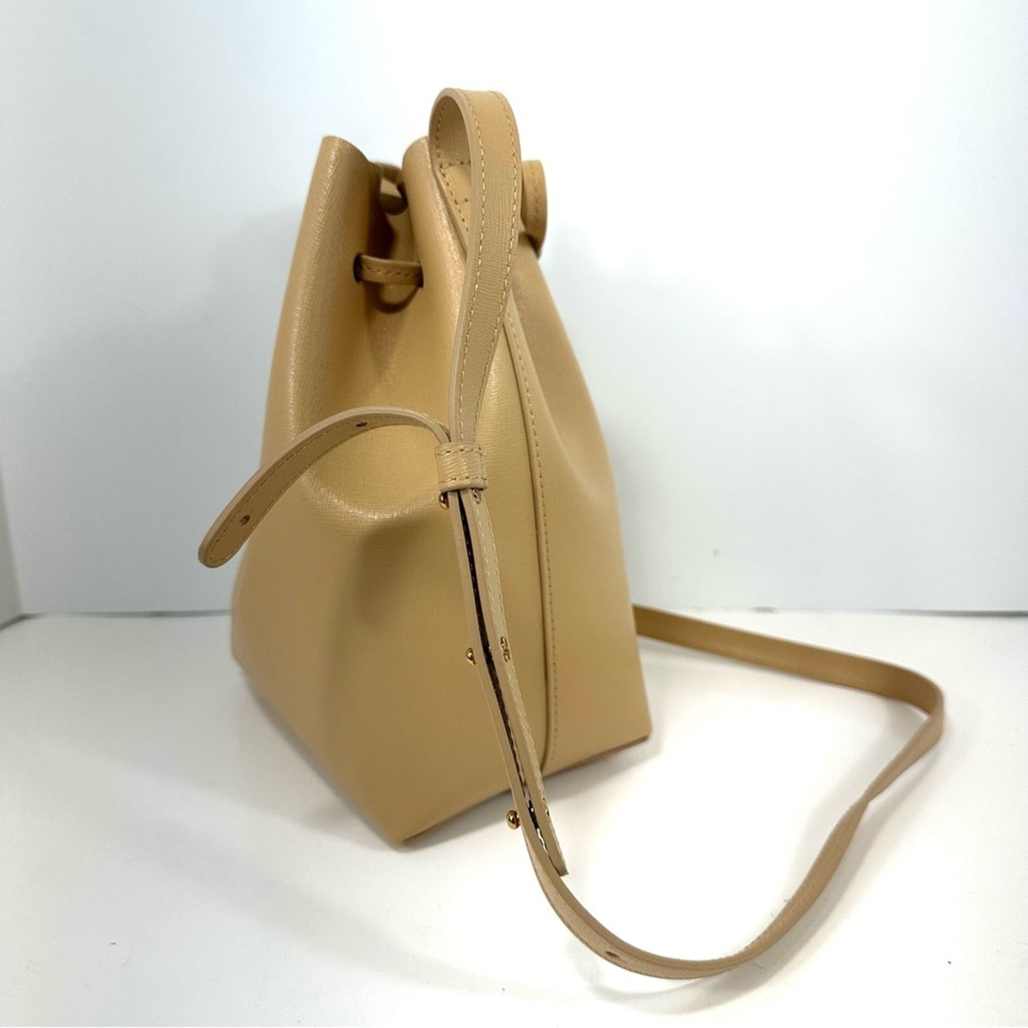 Mansur Gavriel Beige Leather Drawstring Crossbody mini Crossbody Bucket Bag