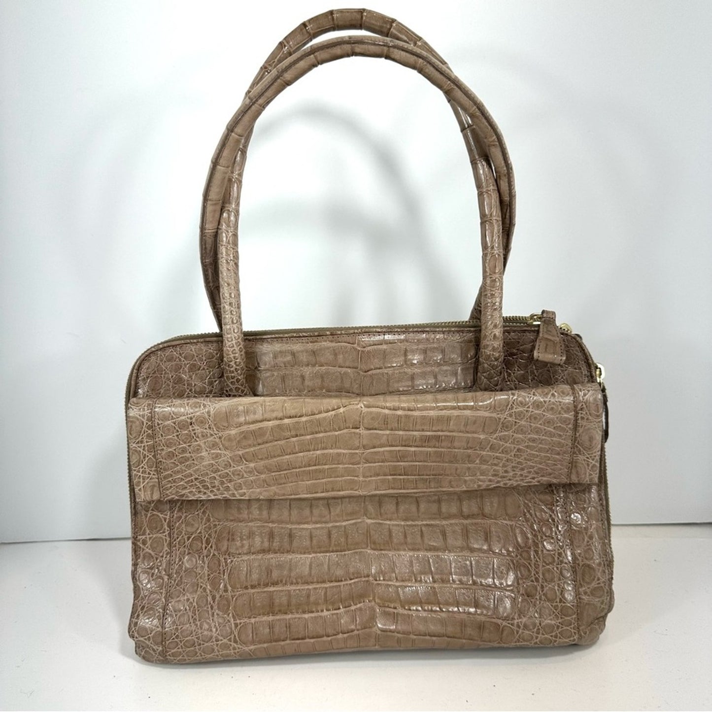 Nancy Gonzales Taupe Genuine Crocodile Double Handle Satchel Handbag