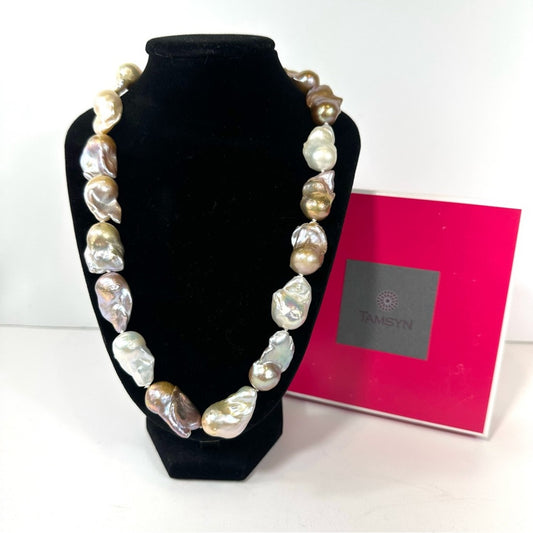 Tamsyn Baroque Pearl 19” Sterling Silver Hand Knotted Genuine Pearl Necklace