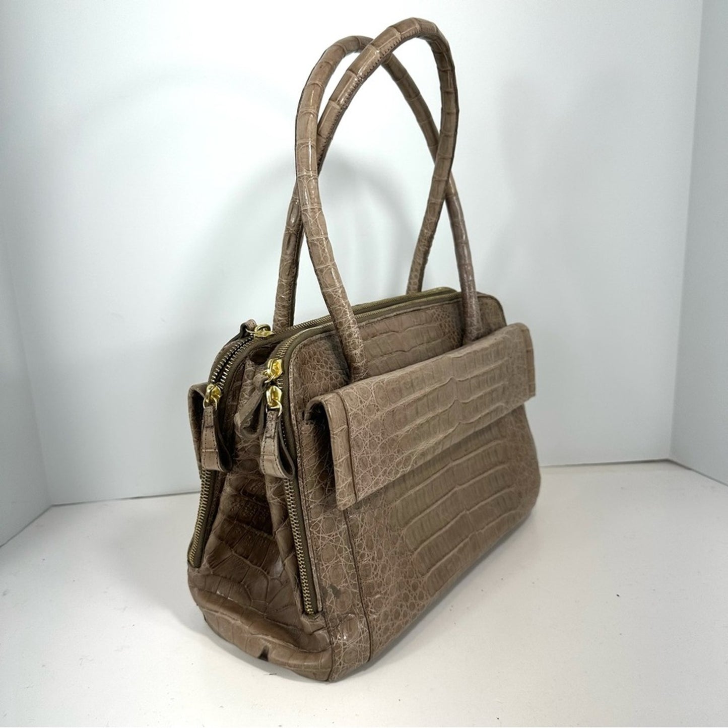 Nancy Gonzales Taupe Genuine Crocodile Double Handle Satchel Handbag