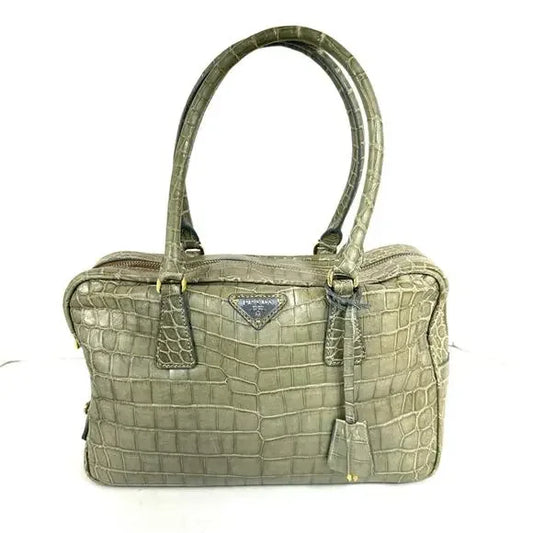 PRADA Genuine Crocodile Green Bauletto Double Strap Satchel Handbag