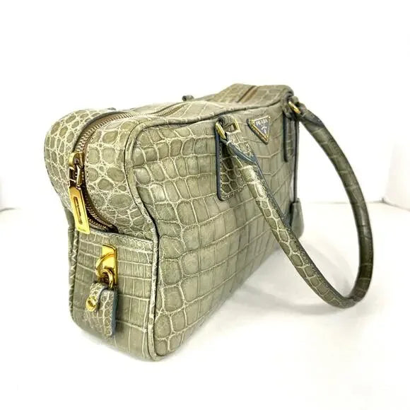 PRADA Genuine Crocodile Green Bauletto Double Strap Satchel Handbag