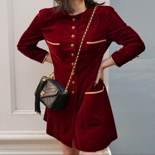 Chanel Vintage 1993 Interlocking CC buttons single breasted coat red velvet 40