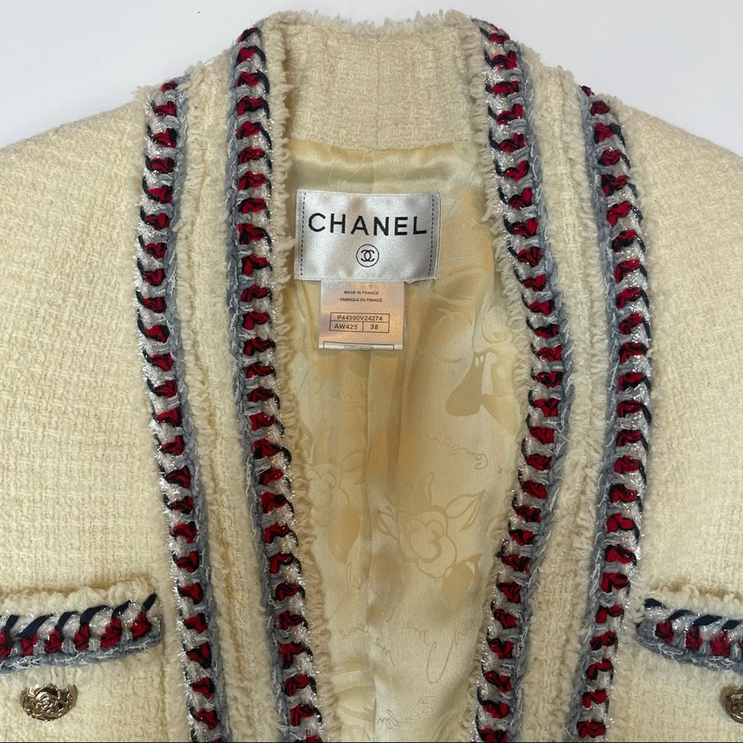 Chanel Cruise 2013 Collection White Boucle Tweed Blazer Jacket 38 Blue Red Trim